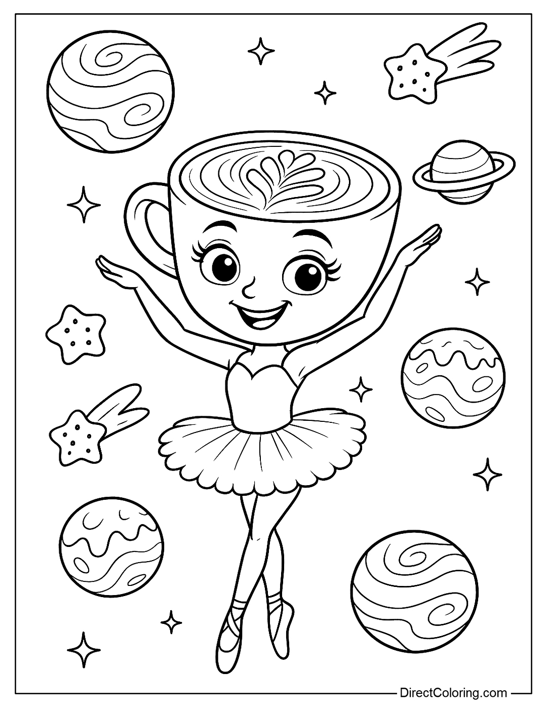 a coloring page of Cappuccina dancing among coffee planets and cookie-shaped meteors